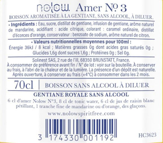 NOLOW N°3 Amer sans alcool, infusé de gentiane et plantes aromatiques, pour cocktails raffinés et intenses.