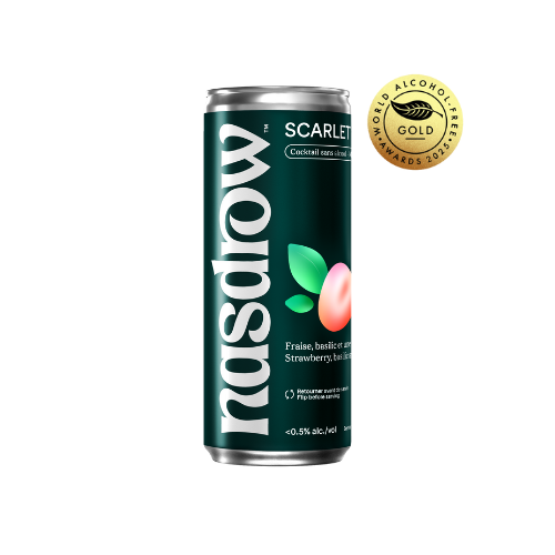 Nasdrow Scarlet & Co mocktail can featuring strawberry, basil, and lemon, 0.5% alcohol-free.